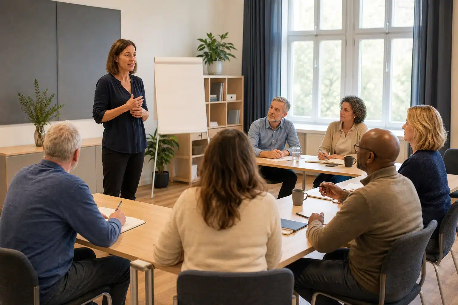 Une instructrice anime une formation devant un groupe d’adultes attentifs qui prennent des notes.